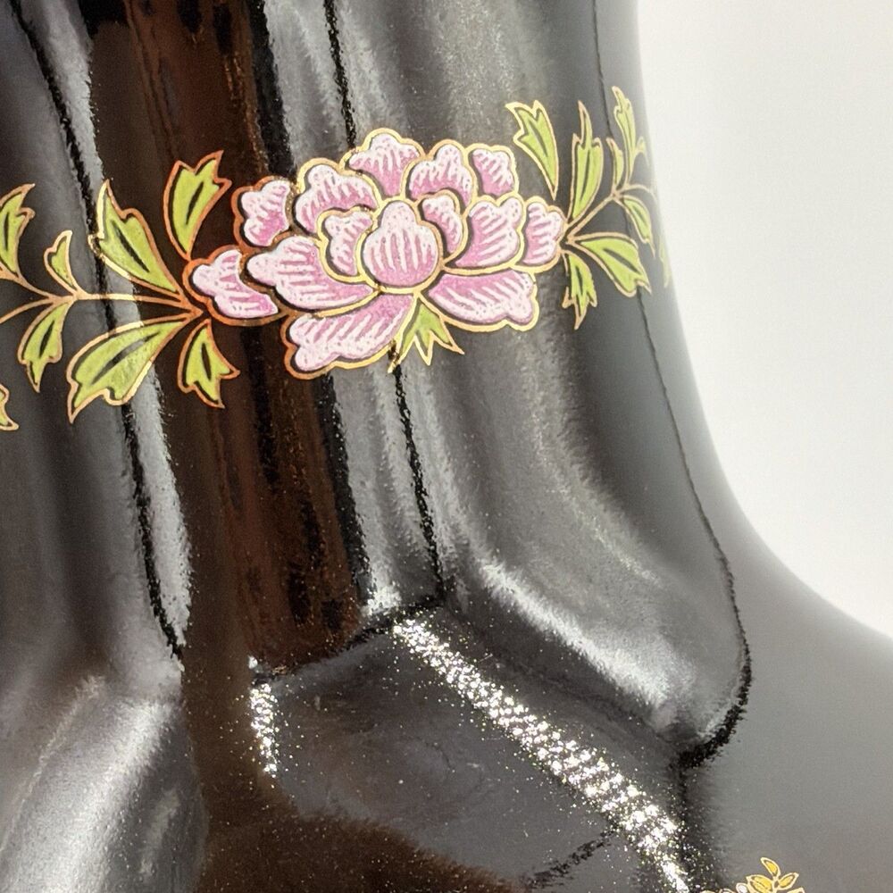 Vintage Japanese Black Peacock Floral Vase 11” Gold Trim Hand Decorated Japan - Picture 14 of 14